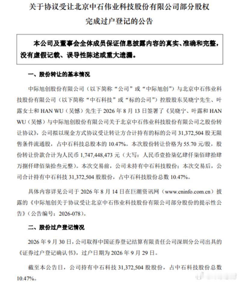万亿CPO龙头收购股权新进展 中际旭创受让中石科技10.47%股份完成过户中际旭