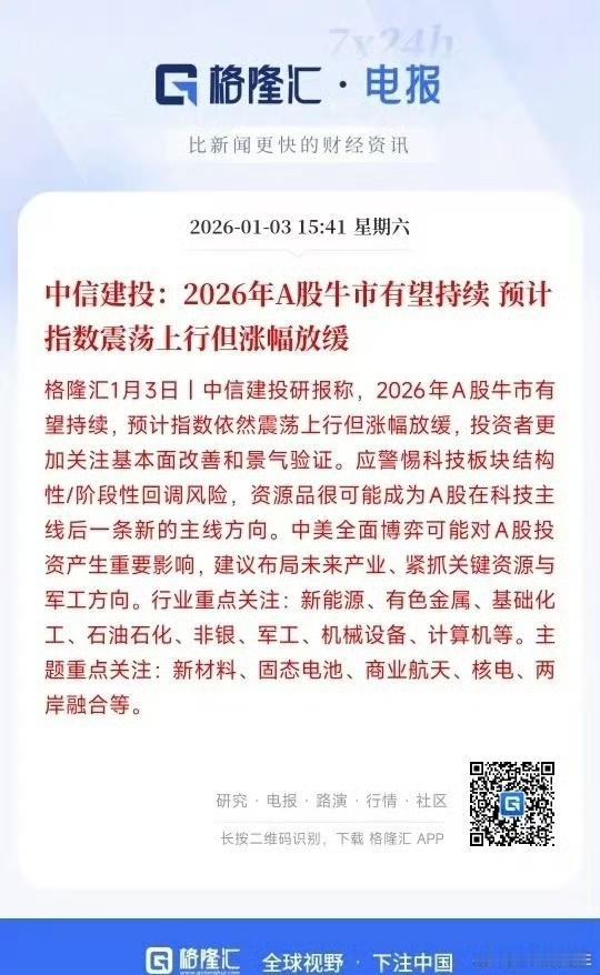 知名券商给出了2026年看重的板块，有望承接科技股继续走出牛市
中信建投表示：2