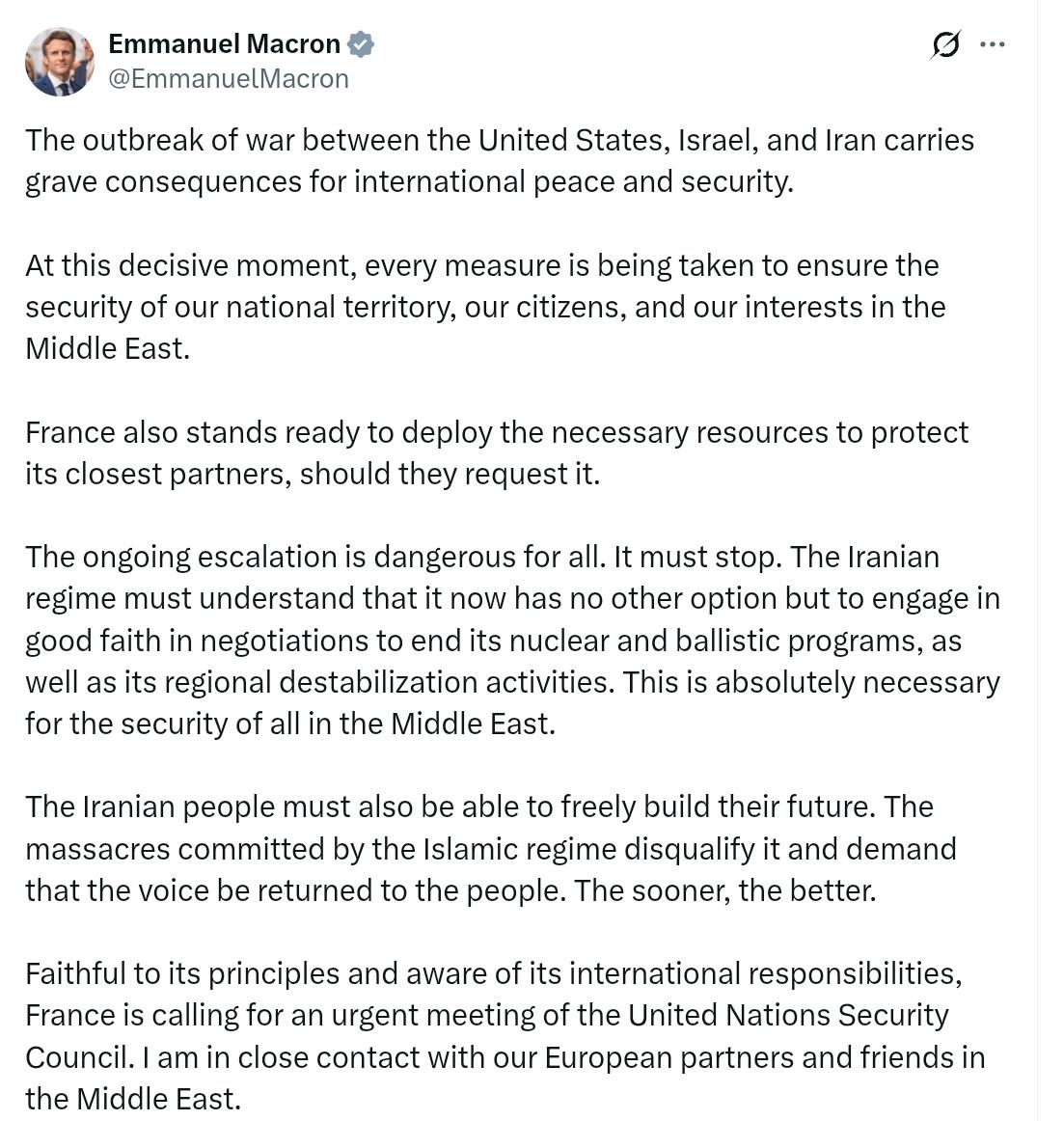 法国总统马克龙：
美国、以色列和伊朗之间爆发战争，将对国际和平与安全造成严重后果