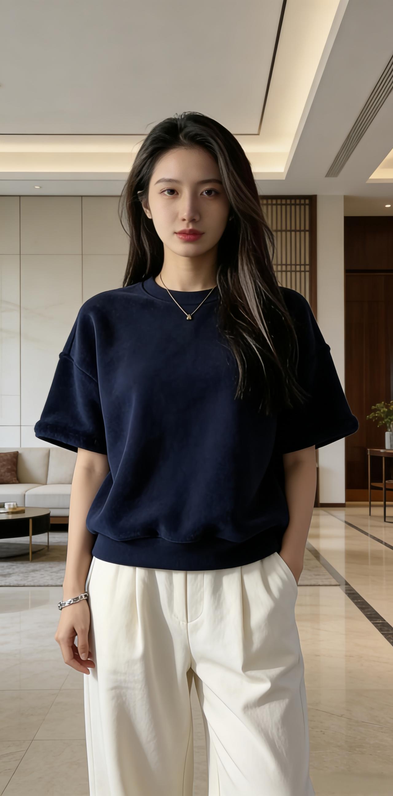 这套穿搭走的是休闲舒适风，核心单品是一件藏蓝色的宽松短袖款加绒卫衣，增添了设计感