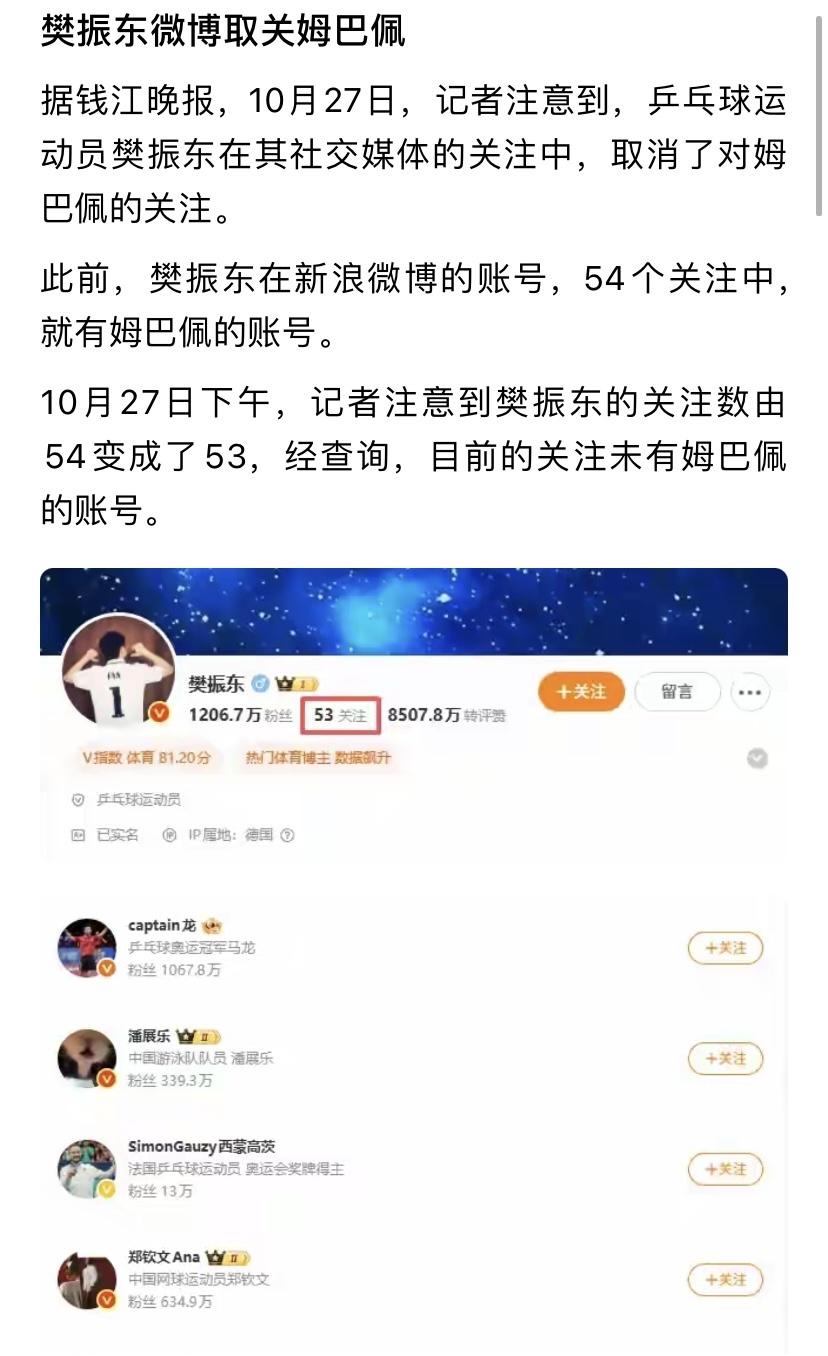 乒乓球奥运冠军取消了对姆巴佩的关注，原先关注人数54个，现在变成了53个，就是少