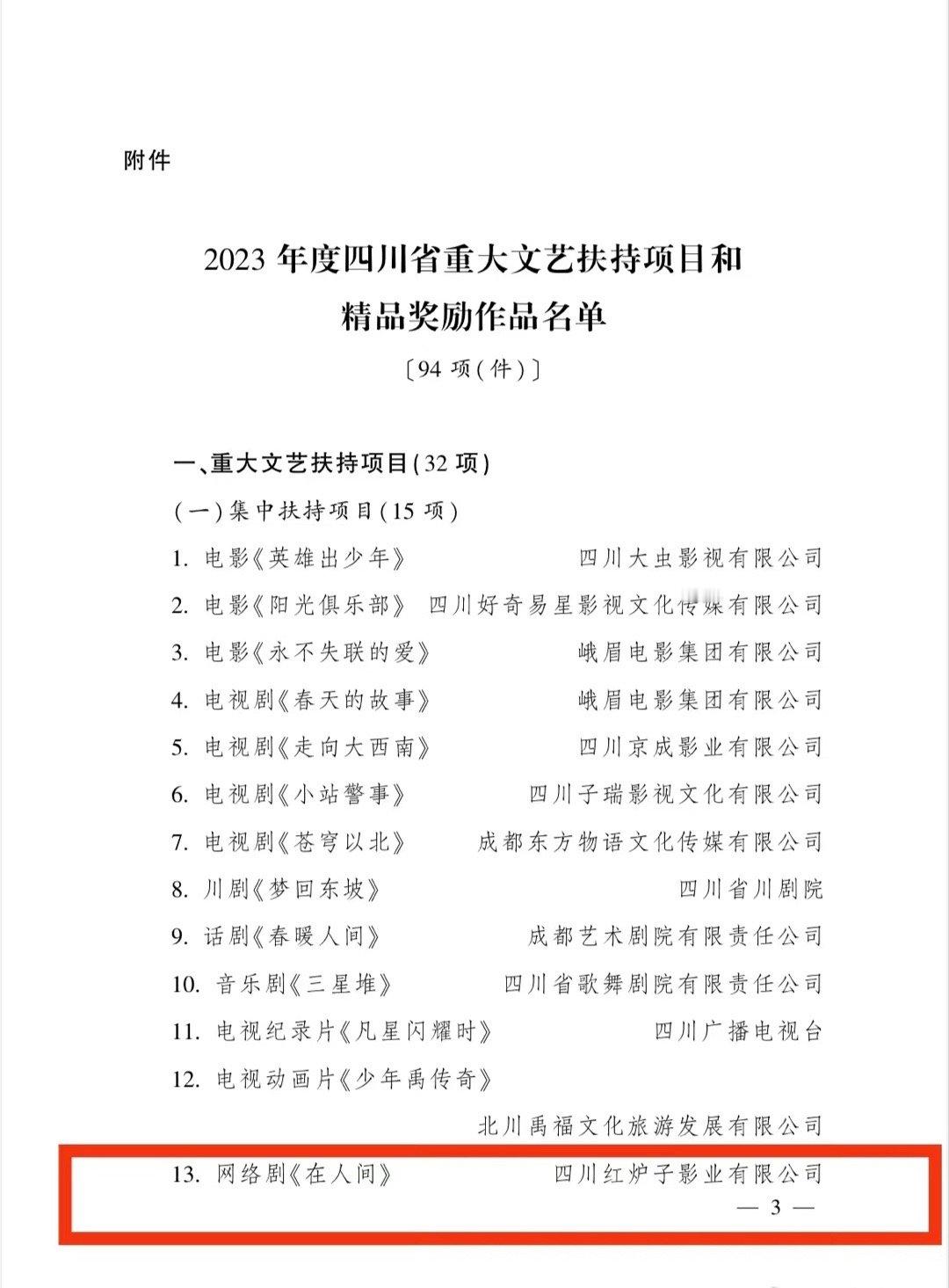 《在人间》作为唯一一部网络剧入选《2023年度四川省重大文艺项目扶持和精品奖励作