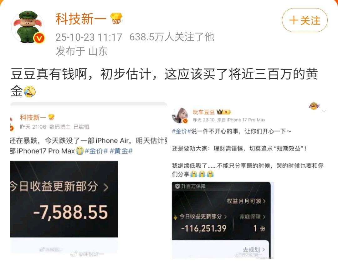 科技新一：豆豆真有钱啊，初步估计，这应该买了将近三百万的黄金
不然怎么可能一天亏