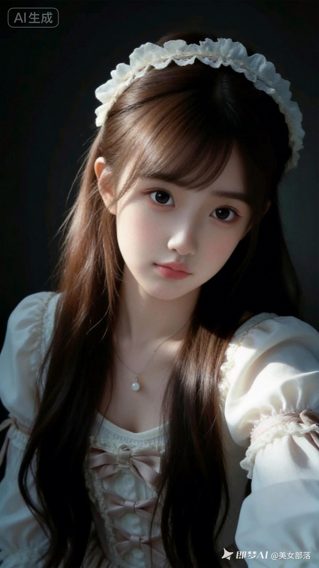 美少女眼眸澄澈。深栗棕森系长发及腰，斜刘海轻薄，瓷感白肌，随机洛丽塔裙装清纯，简