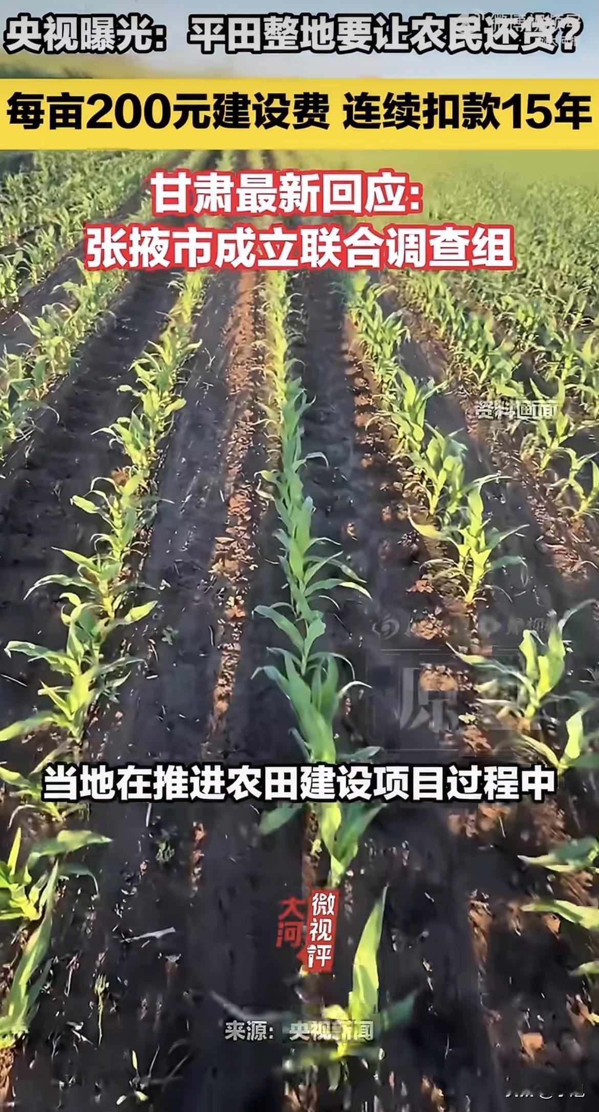 甘肃一个县借了银行七个亿，现在让农民每年每亩交两百块，连交十五年，替他们还。
