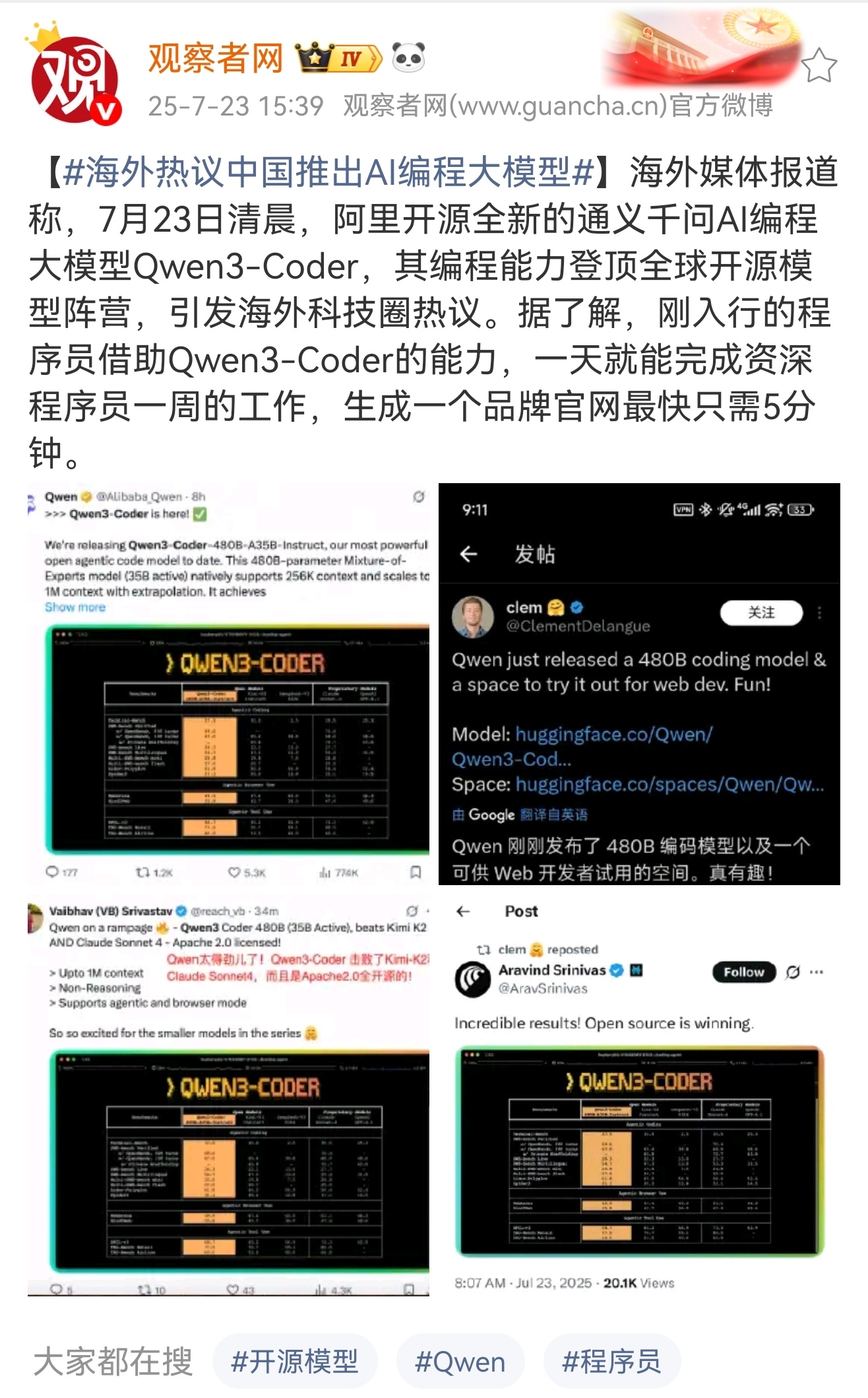 阿里云再放大招，开源通义千问AI编程大模型Qwen3-Coder的编程能力登顶全