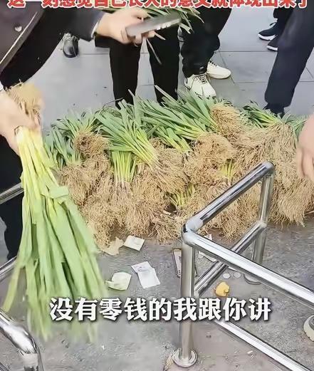 近日，安徽蚌埠，一老人自己种的蒜苗卖不出去，让儿子处理掉，儿子把蒜苗拉到街上来卖