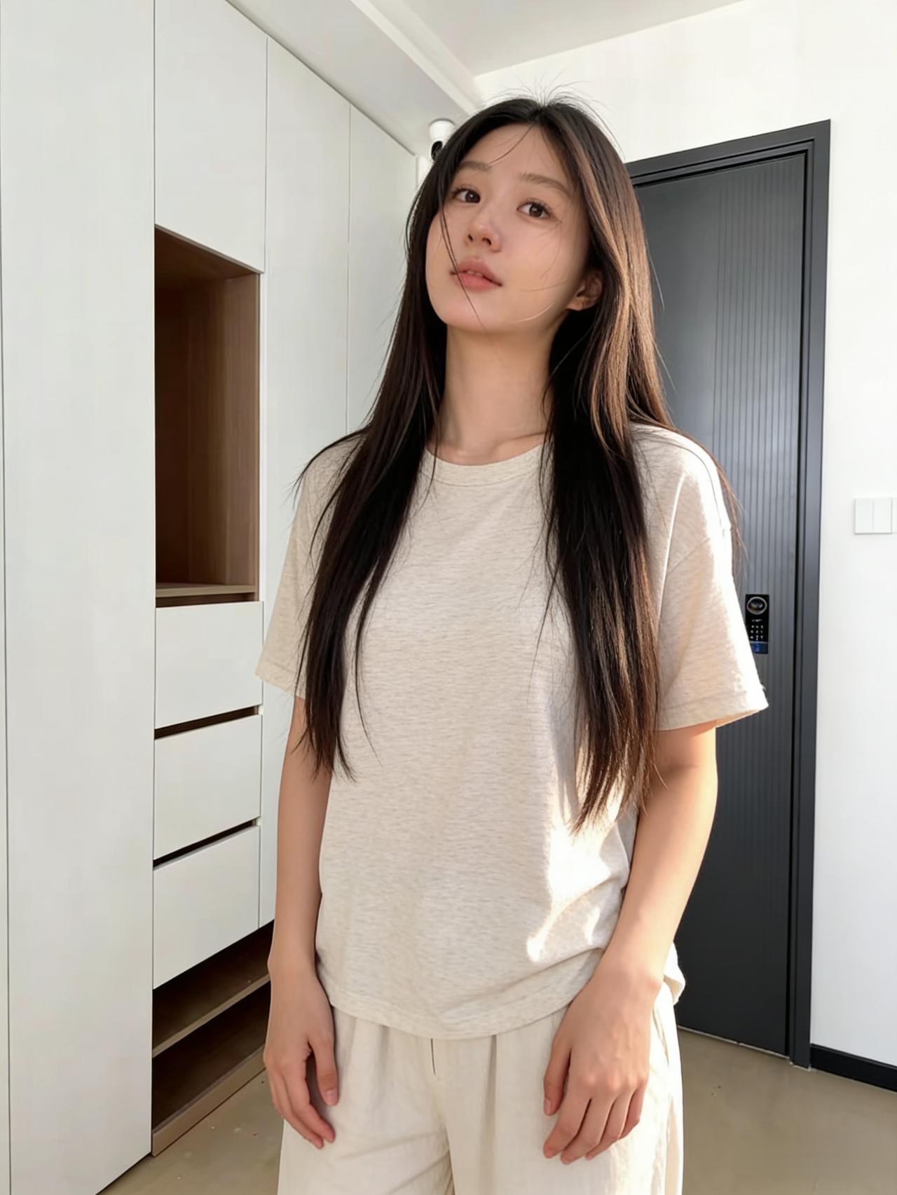 白柜黑门映晓光，佳人闲立态清扬。
浅衫漫衬身姿软，长发轻垂眉黛长。
目带星河凝远