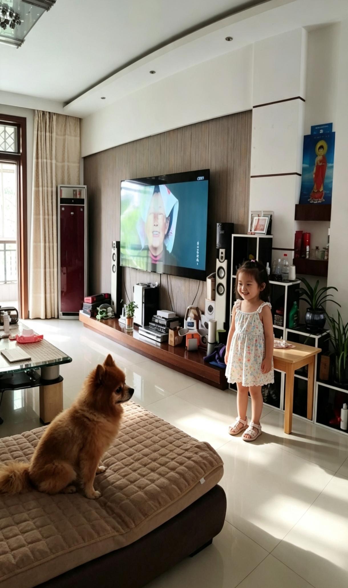 阳光洒满客厅，小姑娘穿着碎花小裙子，笑眯眯望着沙发上的博美，满心欢喜想和小狗玩耍