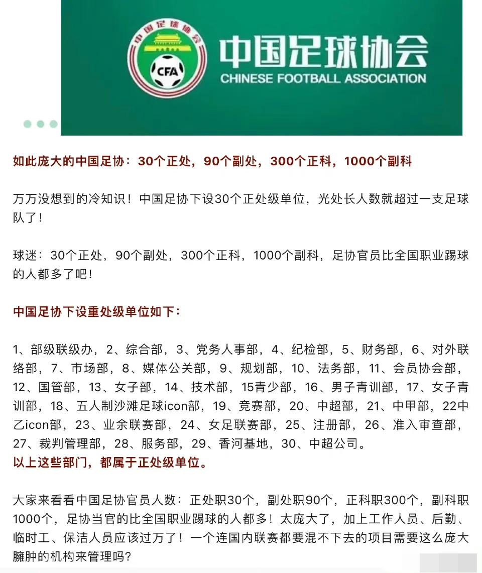 亮瞎眼睛啊！中国足协的组织结构似乎引起了公众的广泛关注。据传，中国足协拥有39个