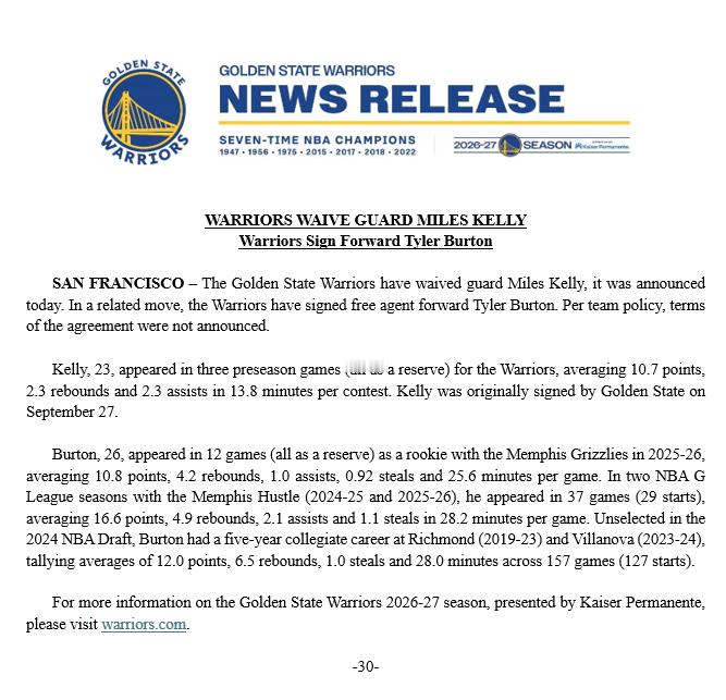 长颈鹿为何还留着？💩金州勇士NBA何不懂的超话勇士 官方宣布，球队已经裁掉后卫