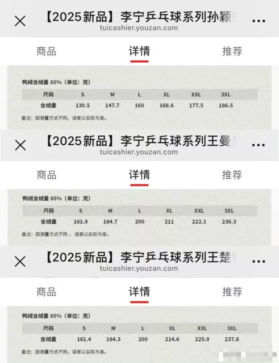 李宁乒乓球昨天晚上新推的999元的羽绒服（价格都是一样的）孙颖莎的款式的含绒量最