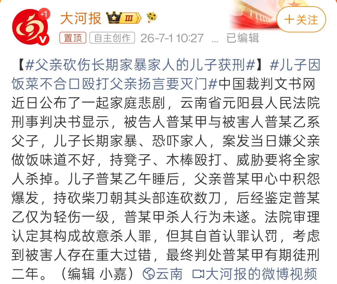 父亲砍伤长期家暴家人的儿子获刑这个判决结果是正常的。未遂，可从轻或者减轻处罚。儿