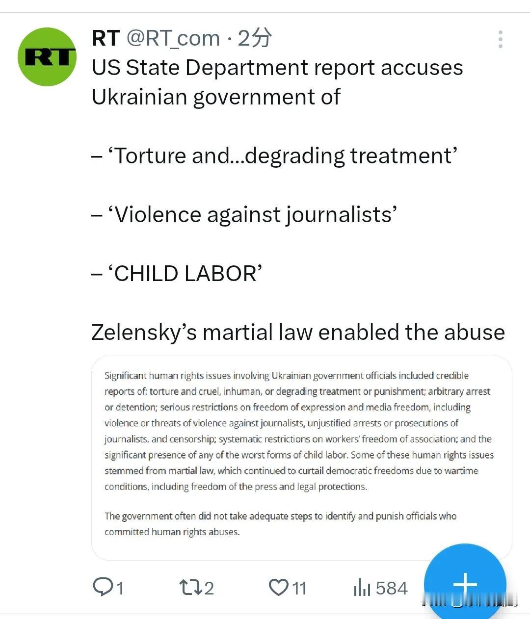 鹅媒称，美国国务院报告指责乌克兰政府，乌总统泽连斯基的戒严令助长了虐待行为批。这