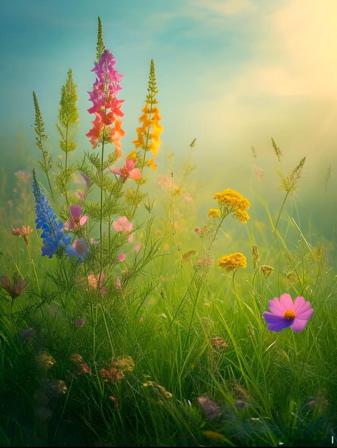 在这片翠绿的草地上，阳光温柔地洒下，每一片叶子都闪烁着生命的光泽。孤零零的五彩野