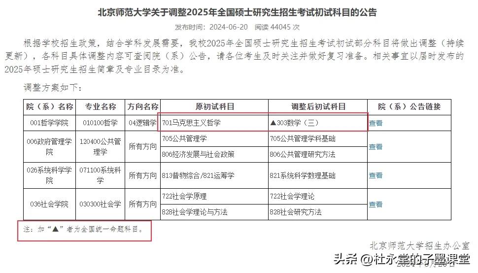 前段时间，北京师范大学官网发布“关于调整2025年全国硕士研究生招生考试初试科目