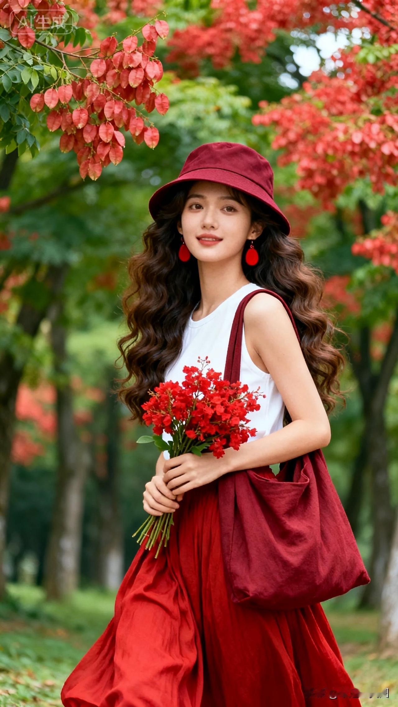 秋日阳光里，她手捧鲜花漫步。