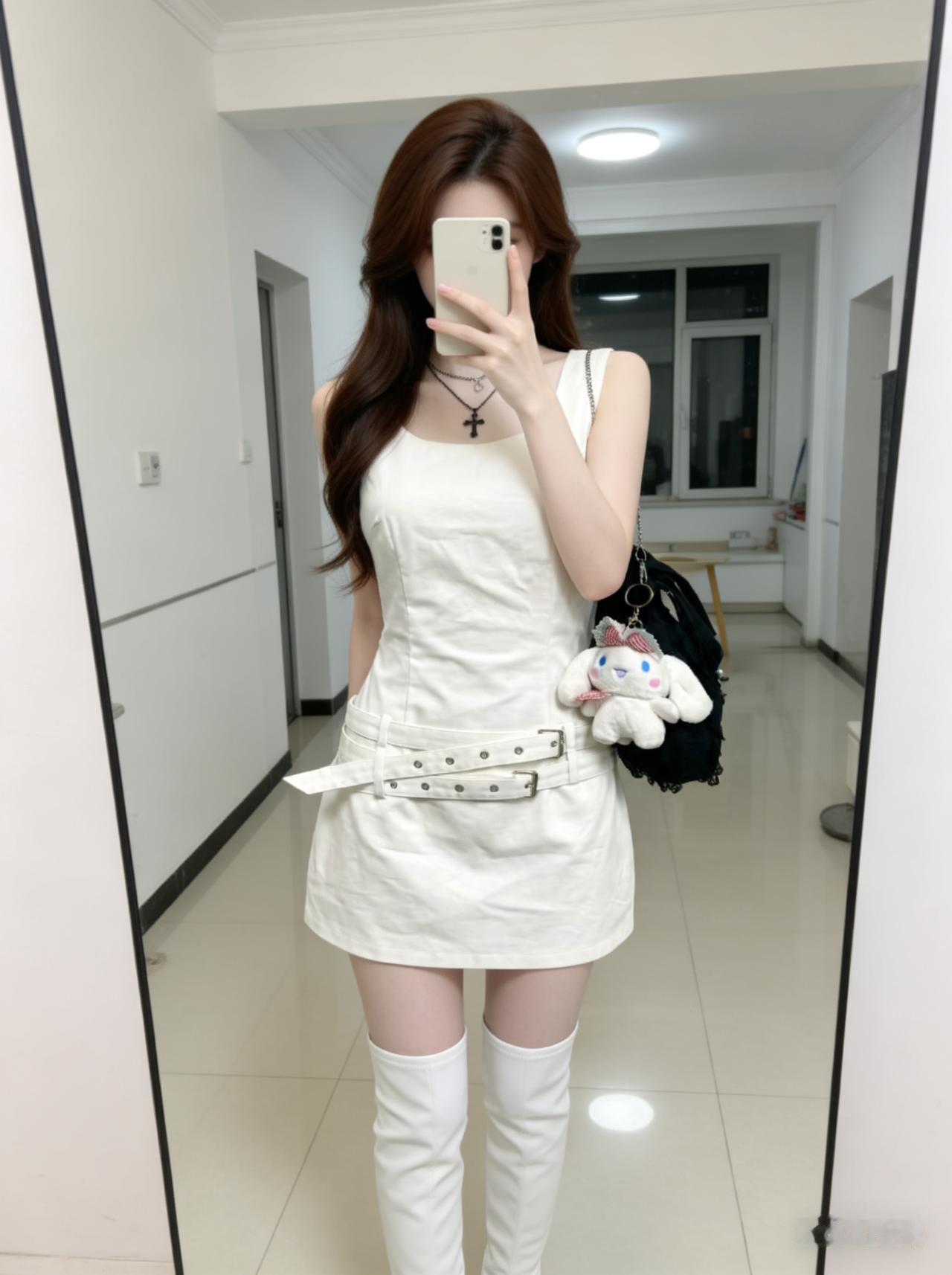 甜美学院风穿搭，白色连衣裙搭配高筒靴，可爱小包包点缀，少女心满满！💕