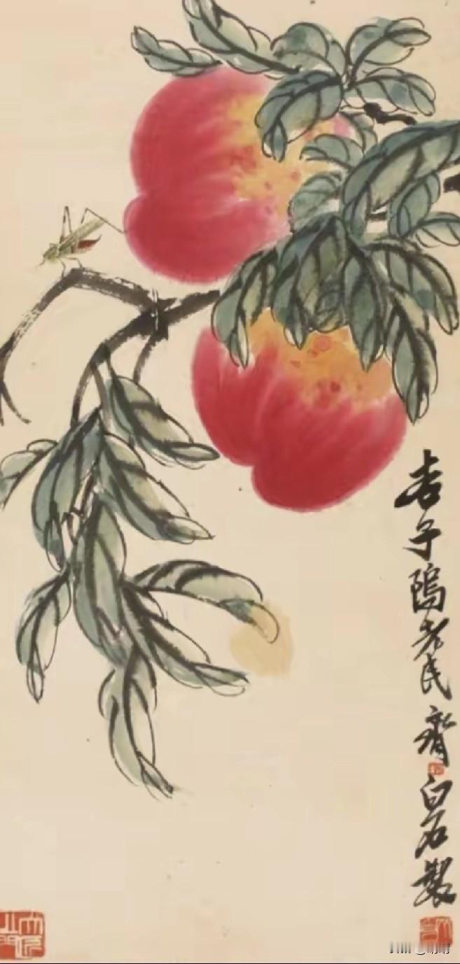 北京一退休老师，花80块钱向齐白石买了一幅寿桃画。

画师齐白石当时已经93岁了