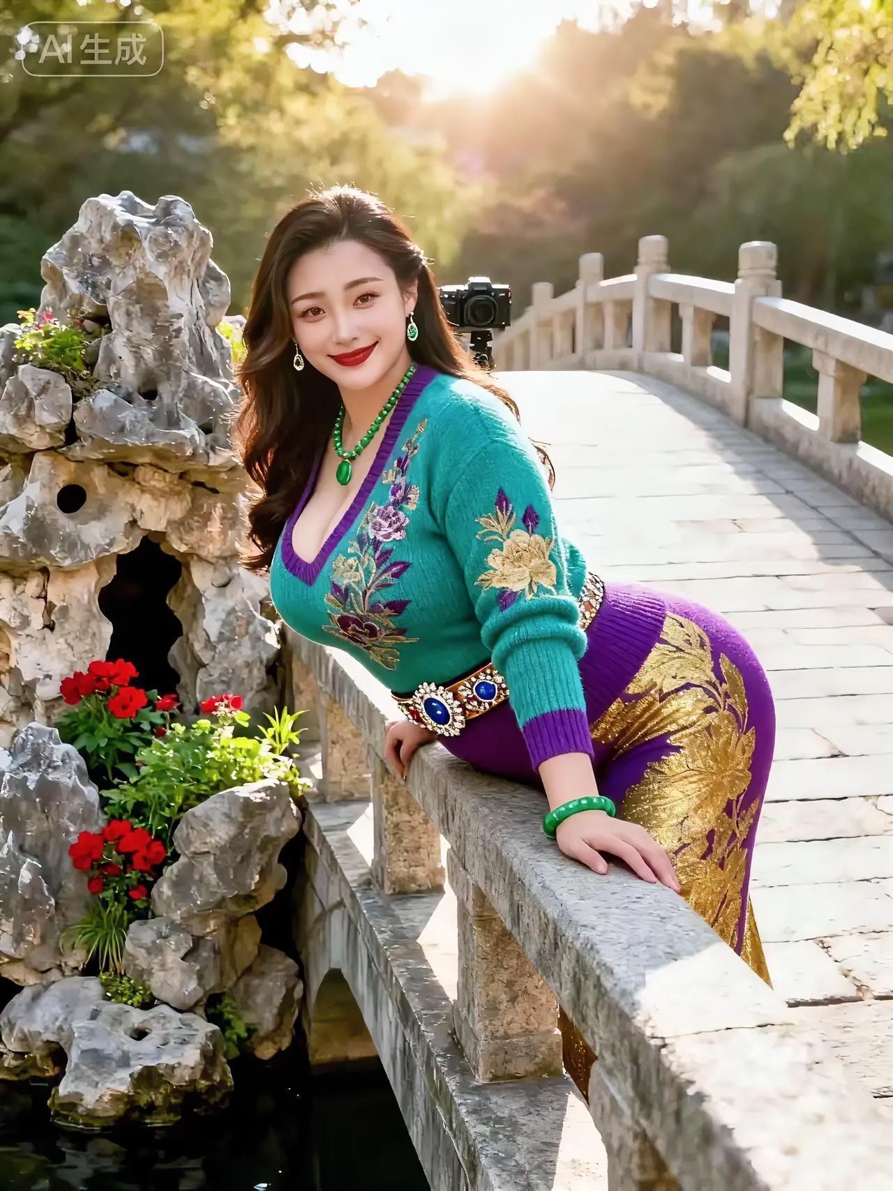 七绝●园林风光  

红花绿叶假山旁，
锦鲤悠游水里忙。
普照阳光添色彩，
桥中