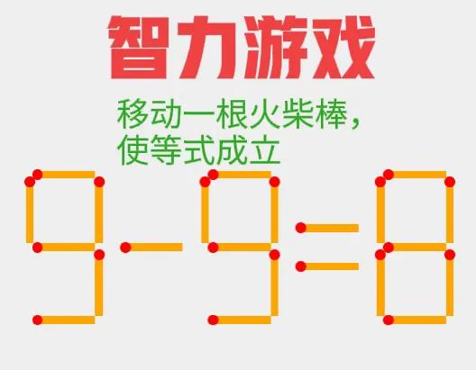 儿童智力谜题，如何移动一根火柴棒，使9-9=8等式成立？
#益智力动脑# #小学