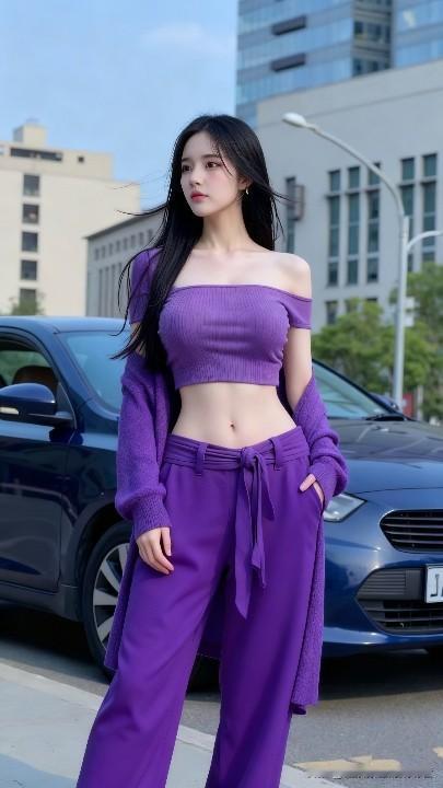 都市街头穿搭指南：紫色露肩上衣+宽松长裤，时尚又舒适！