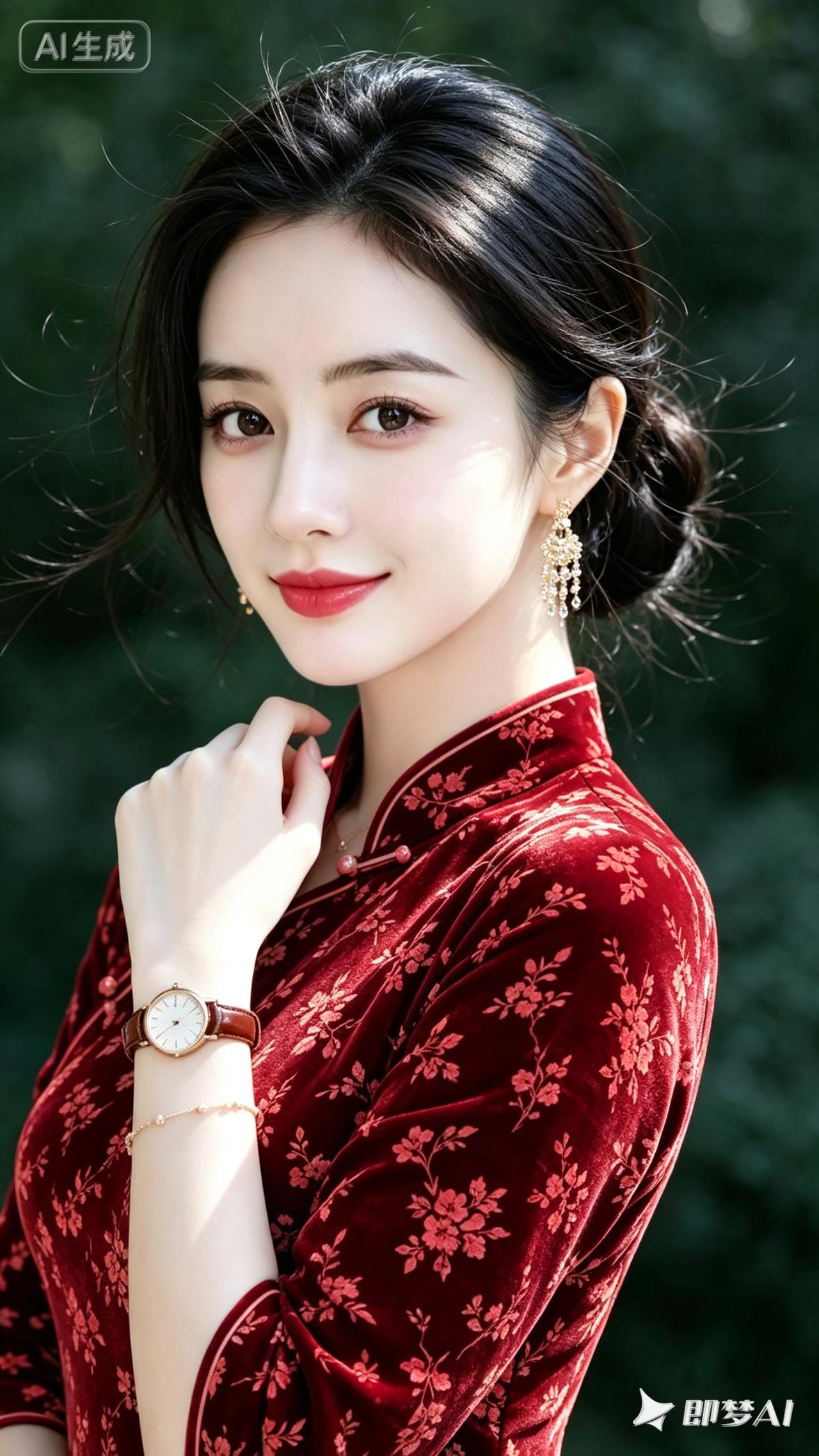 优雅红衣女子，尽显东方古典美