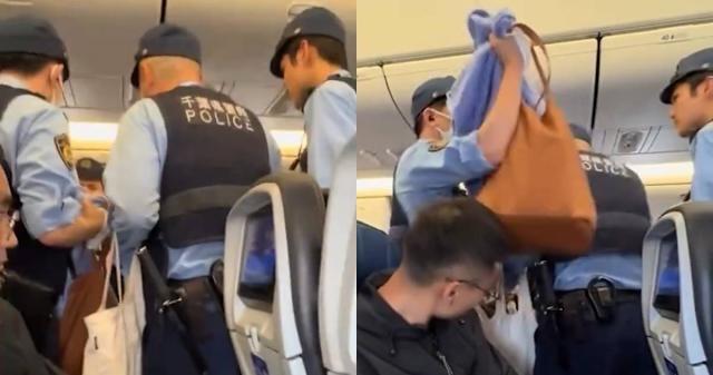 一女子被日本警方带走？
飞机上摔餐具吐口水，致航班备降东京！
一名女子在国际航班