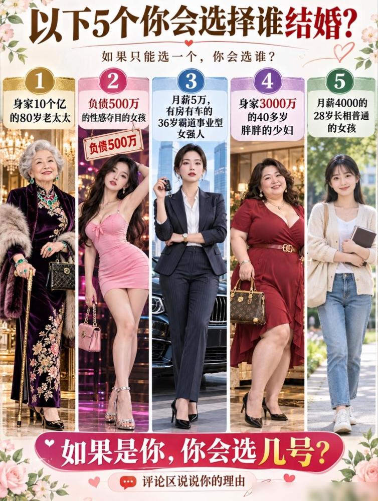 过日子还是得5号，现实中我也选了类似于5号的妻子，普普通通的上班族一枚但很顾家，