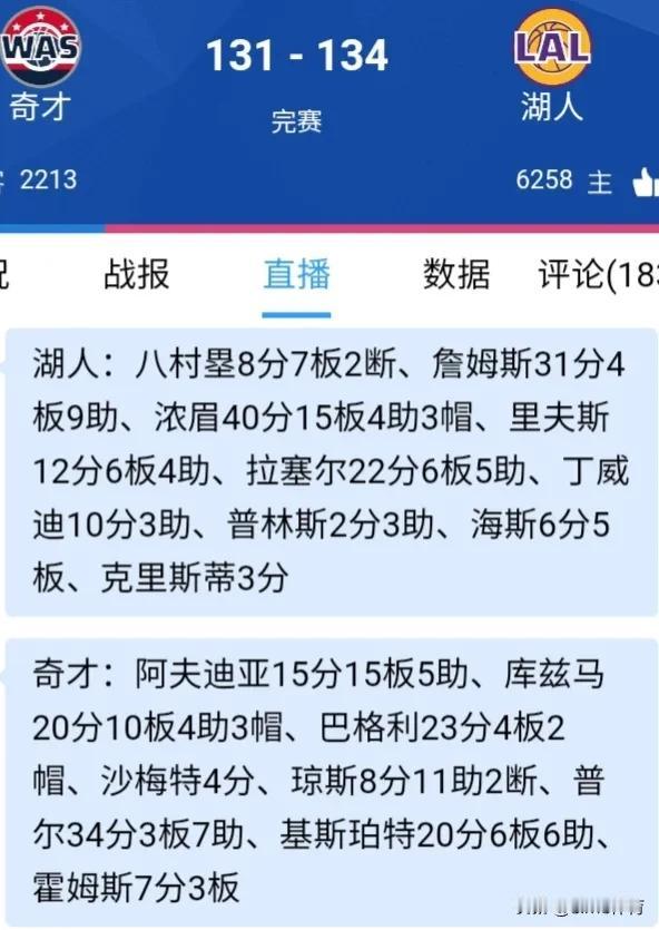 詹姆斯31+4+9。浓眉40+15板。
总分来到39991。离4万分里程碑还剩9