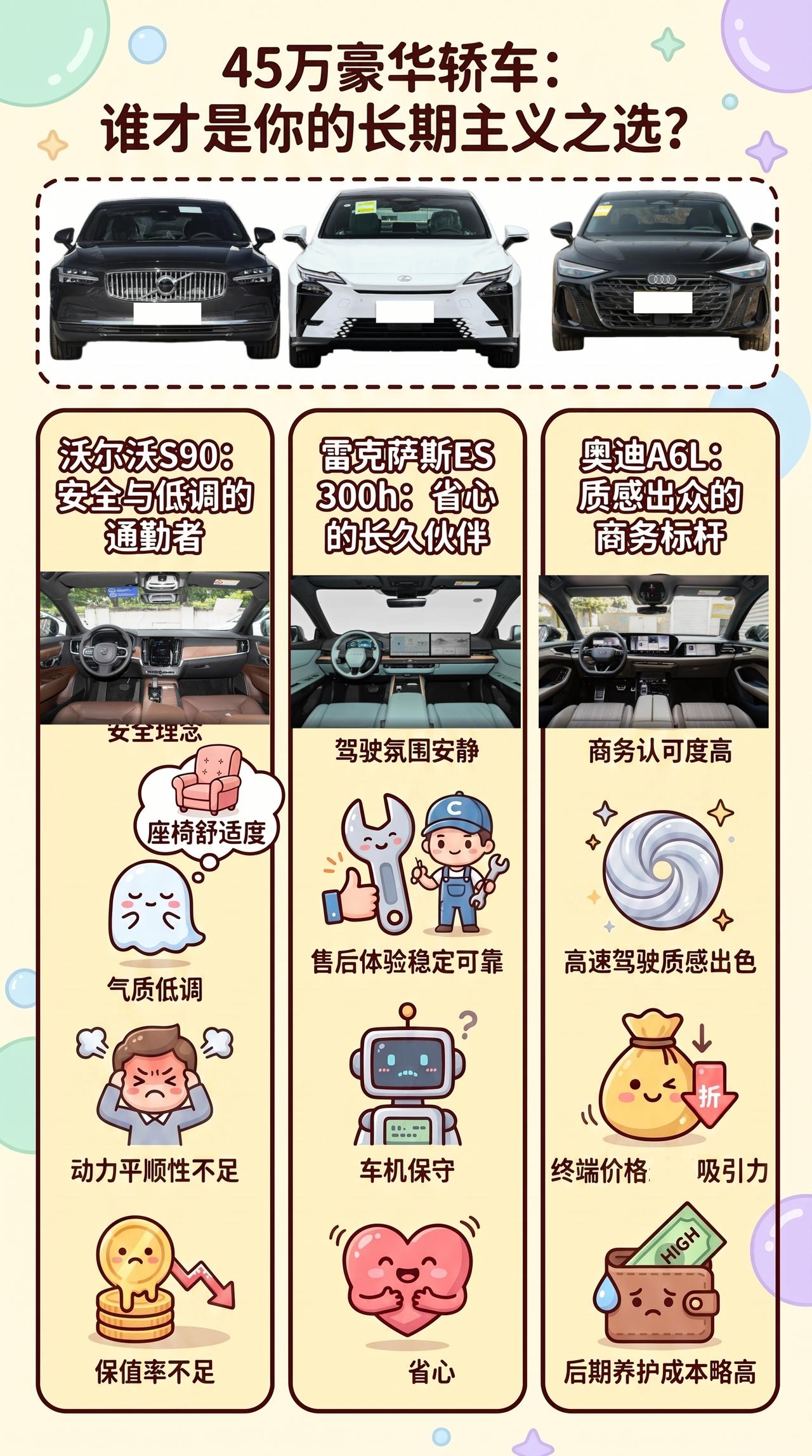 预算45万，沃尔沃S90、雷克萨斯ES 300h、奥迪A6L长期持有怎么选？
买