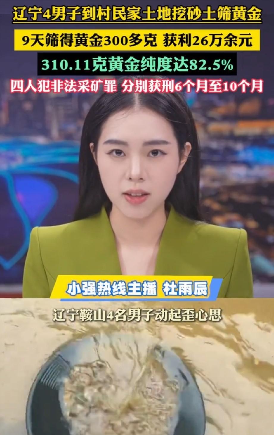 辽宁鞍山，四名男子不想踏实干活，打算偷偷在地里采砂筛金，靠挖金子一夜暴富。他们合