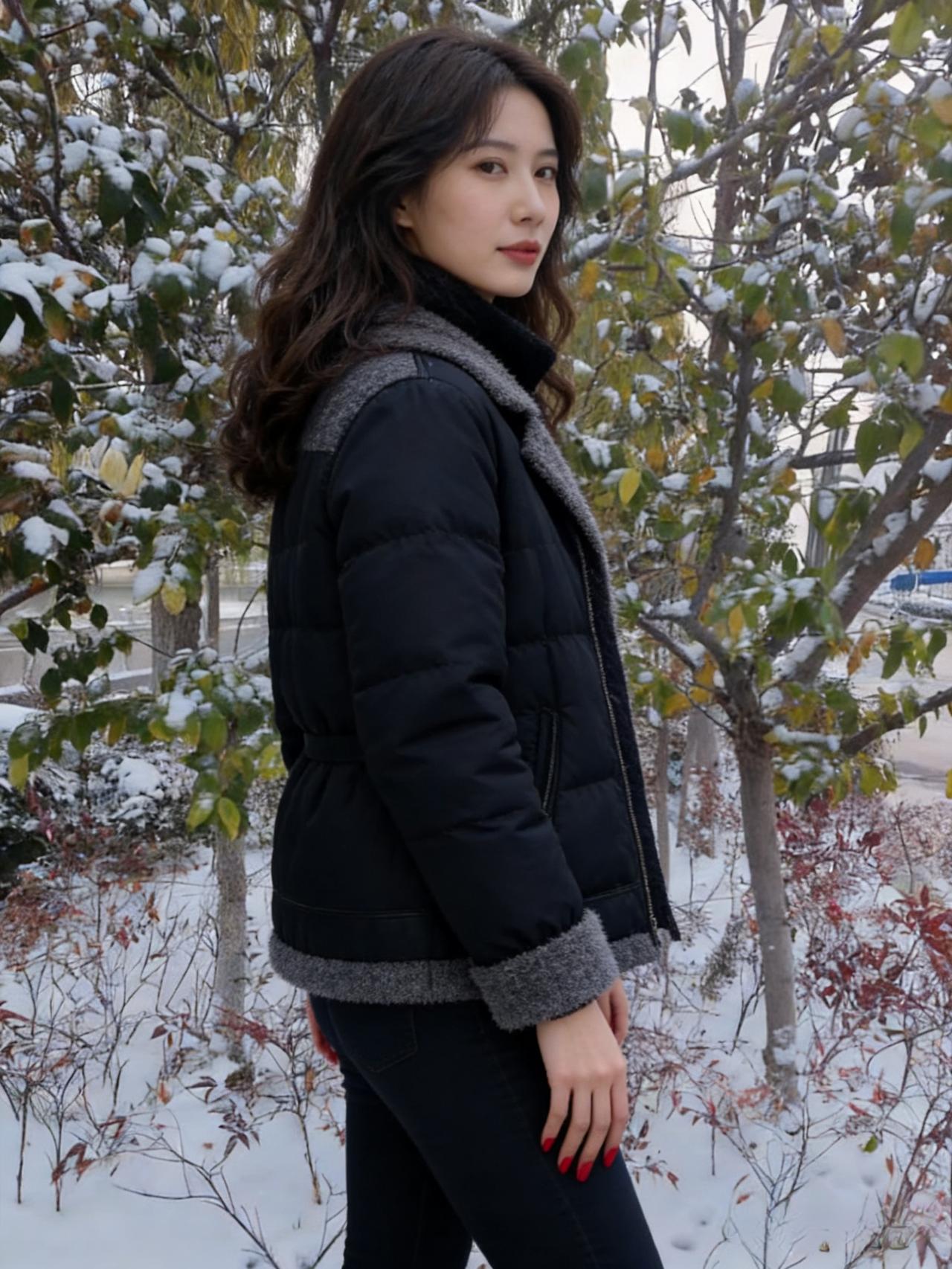 雪落在枝桠，像撒了一把碎银，
她站在树下，黑外套裹着一身清冷。
卷发被风揉乱，唇