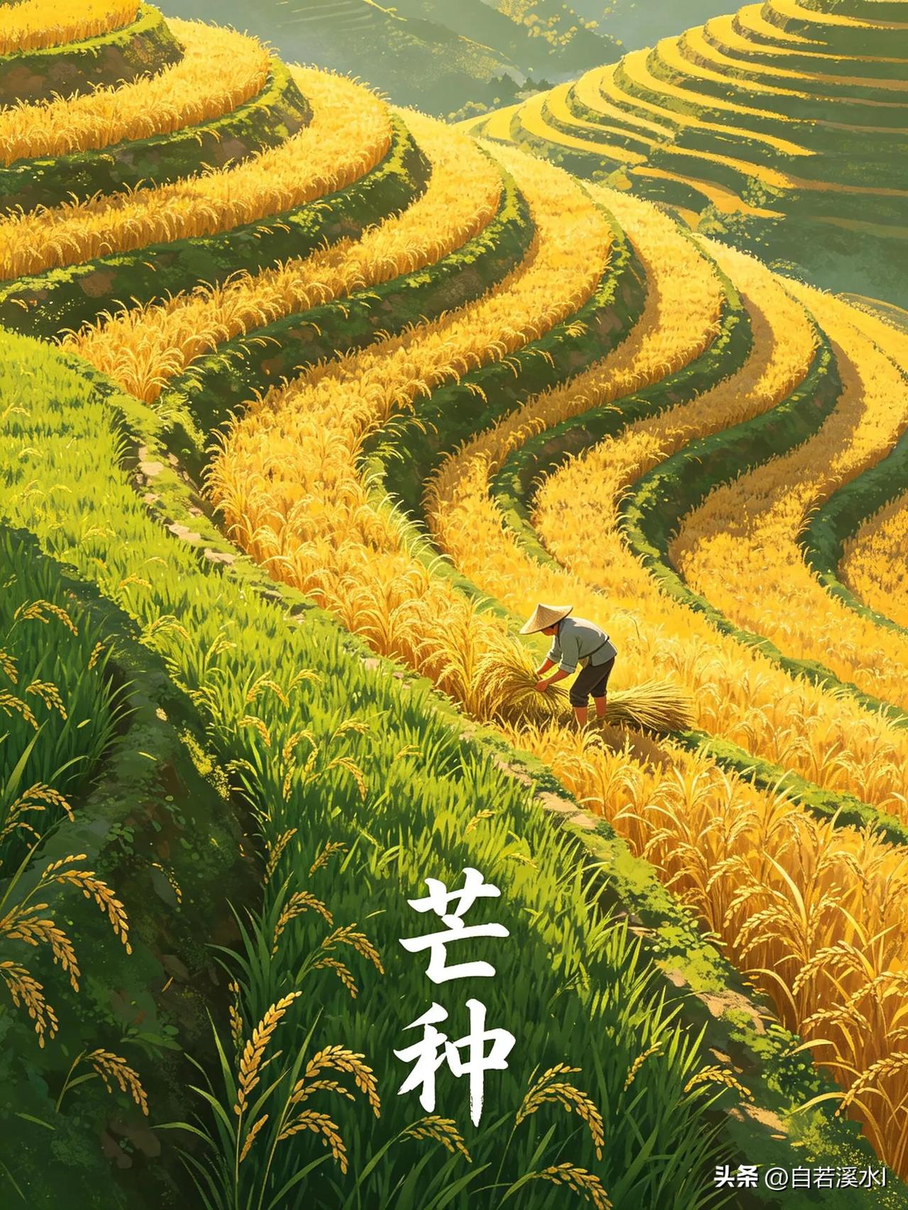 芒种（七绝）
 
时逢芒种麦金黄，细雨随风润稻秧。
垄上农人忙收种，榴花初绽入夏