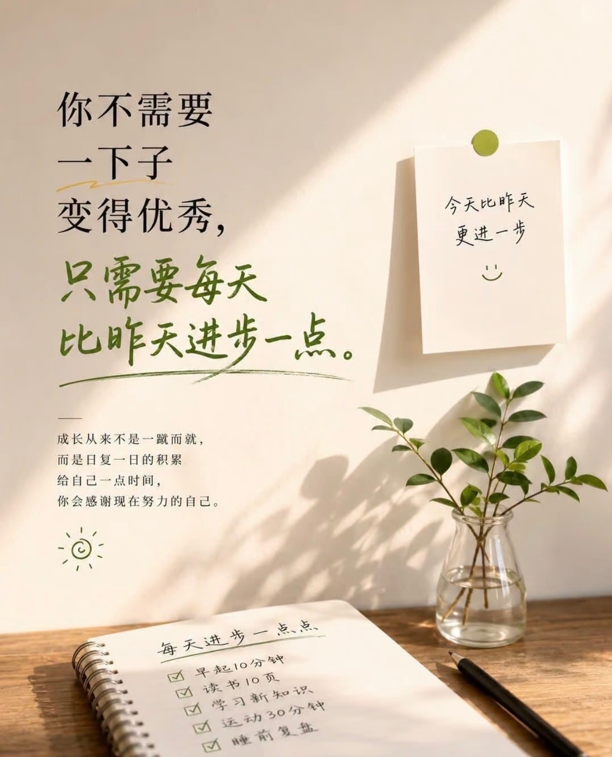 不需要立刻变得耀眼只要今天比昨天更棒一些微小的积累，也能汇成改变自己的力量 🌱