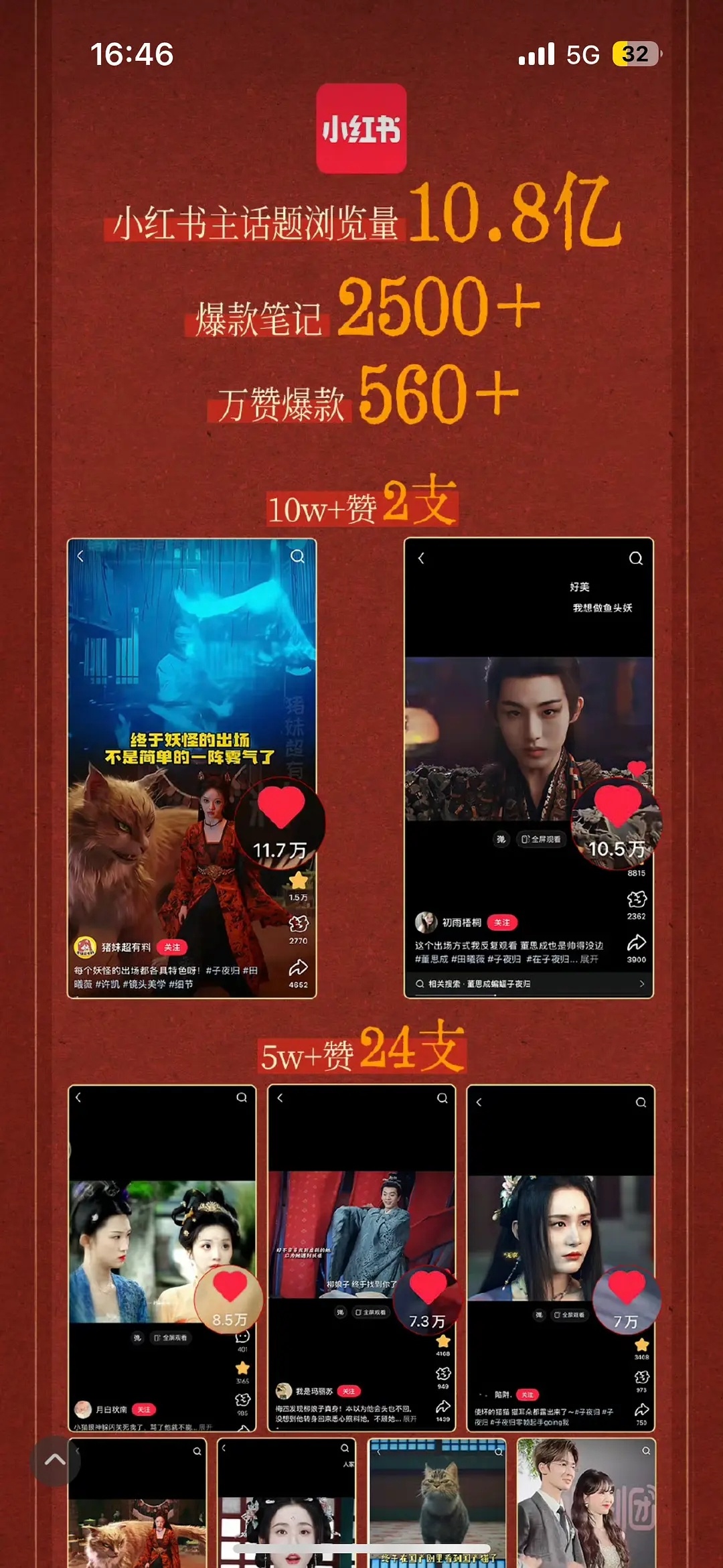 子夜归小红书唯二破10万赞的竟然没有男主许凯这流量虚的很啊一条是女主的，还有一条