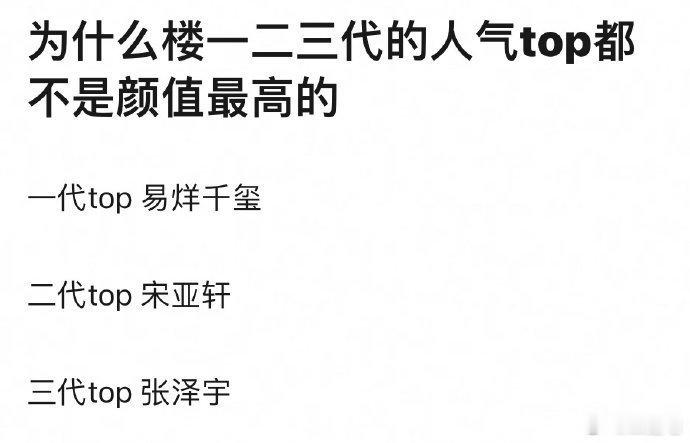 为什么时代峰峻一二三代的人气TOP都不是颜值最高的[思考]  