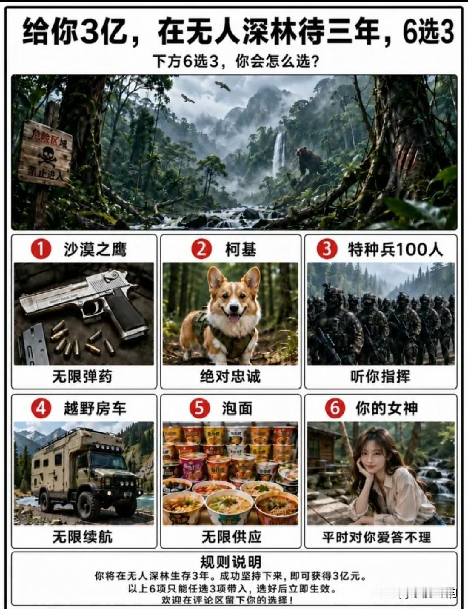 给你三亿，在无人的深山老林里呆上三年。图中你只能选三样东西带去。也就是6选3，你