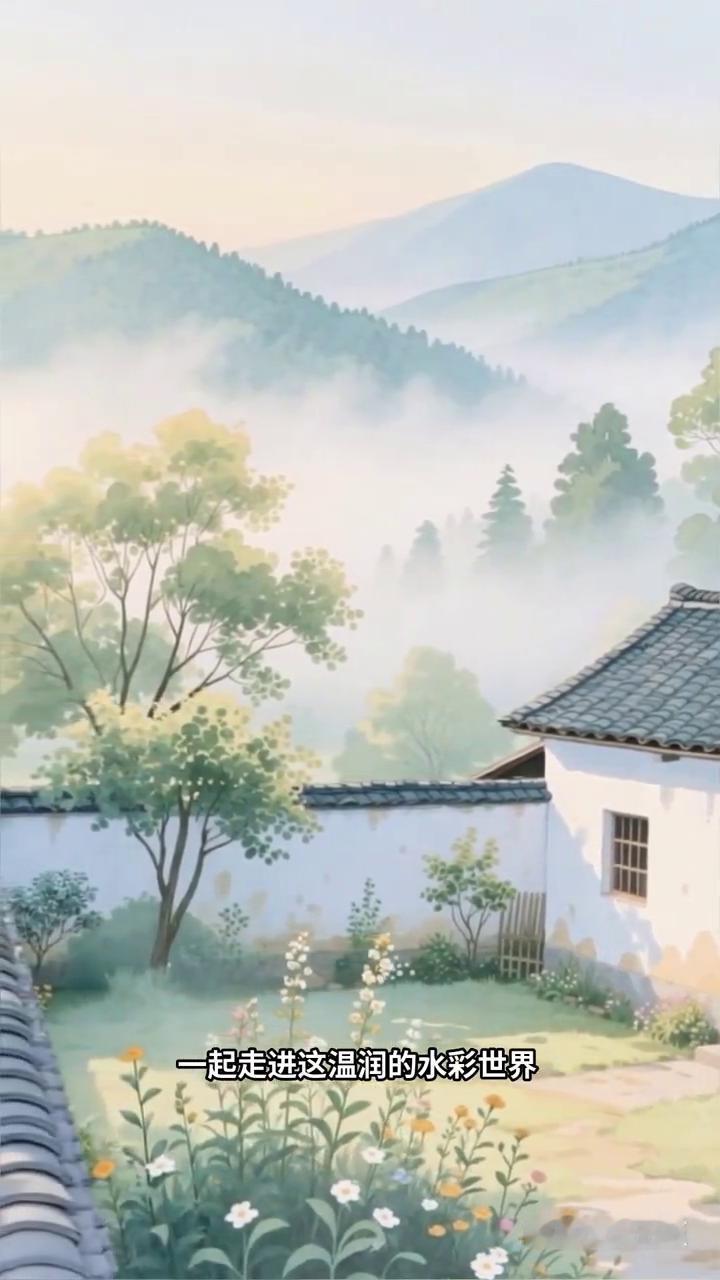 清晨的乡村小院会是什么模样？一起走进这温润的水彩世界。
中式小院依偎在青山脚下，
