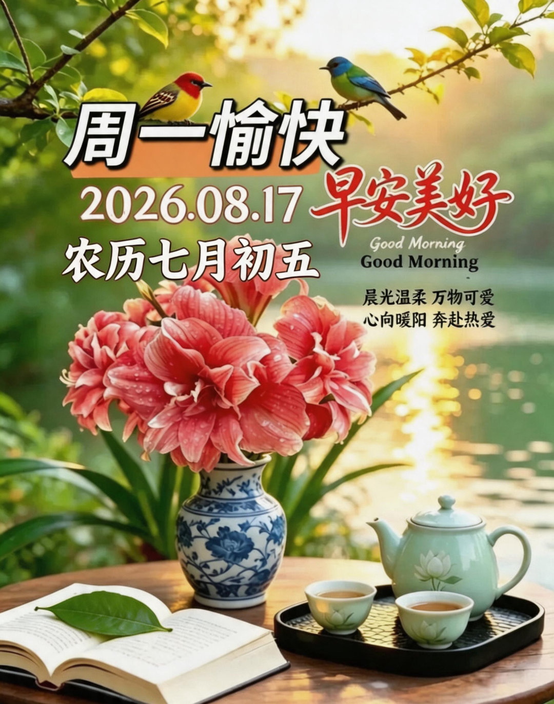 🌻新周快乐，顺心如意!💝🌷日色若炎火，星空湛蓝蓝；正当三伏时，晨光明又媚。