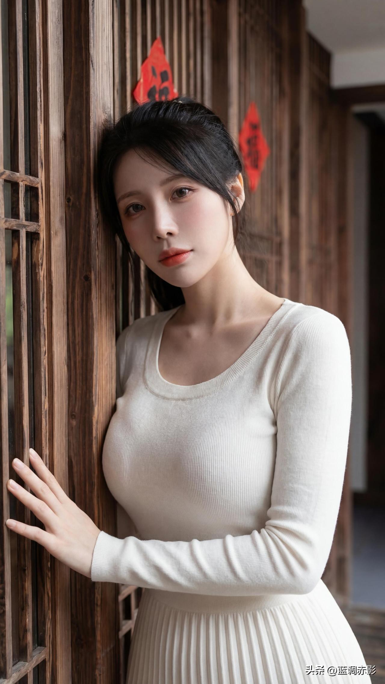 复古木窗前，红福映美人，岁月静好。