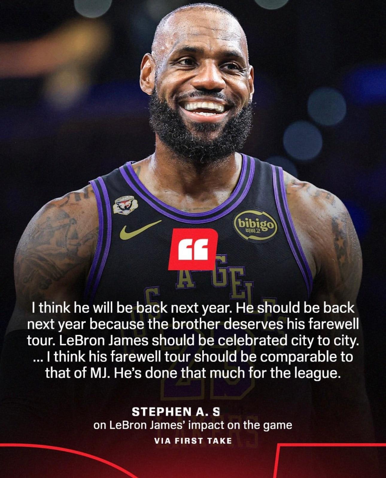 史蒂芬Ａ史密斯：“我认为詹姆斯下赛季一定会回来，也应该回来，因为这家伙配得上一场