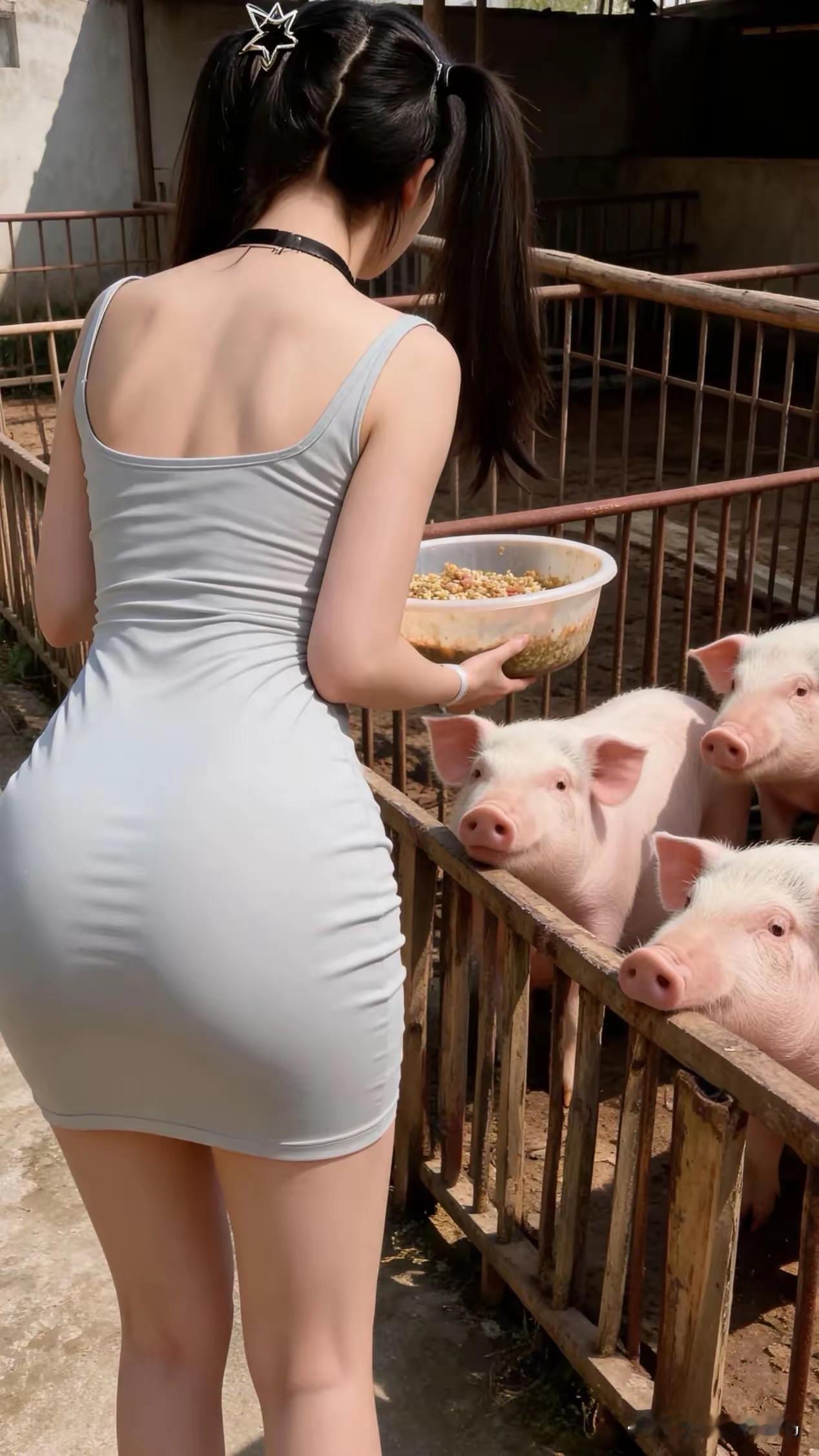 双马尾小姐姐人美心灵更美，一心照顾着小猪宝宝们，很周到，很细心