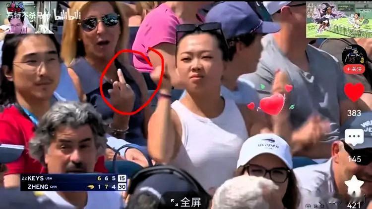 美网赛场上，
中国金花在那边拼死拼活地追分，看台上居然有外国球迷当众比中指搞小动
