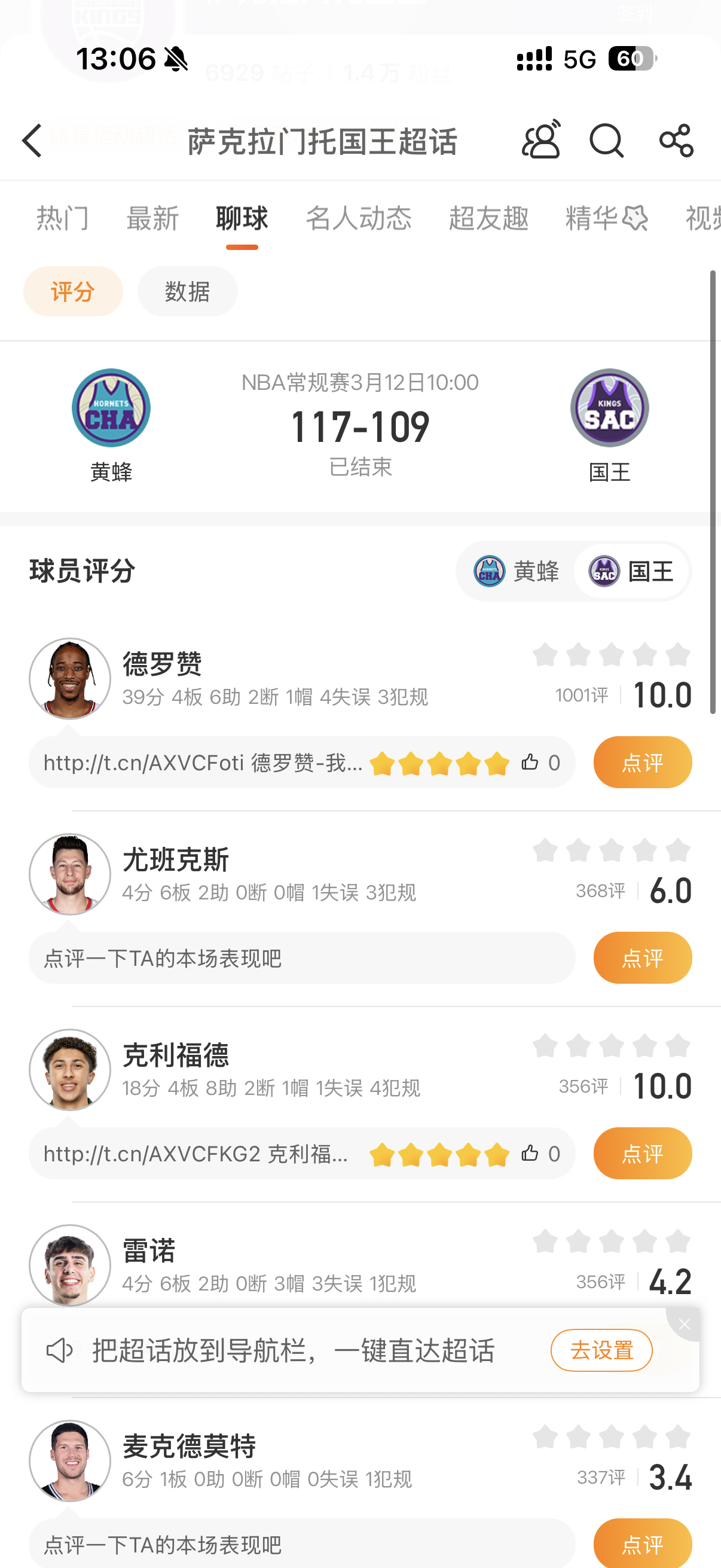 黄蜂背靠背战胜国王德罗赞脑后妙传喂饼NBA常规赛，国王109-117不敌黄蜂。德