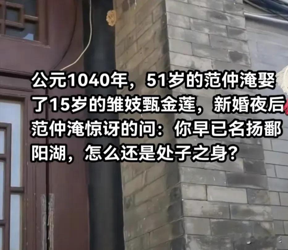1040年，51岁范仲淹娶15岁青楼女子甄金莲。洞房夜，范仲淹惊讶发现新娘竟是处