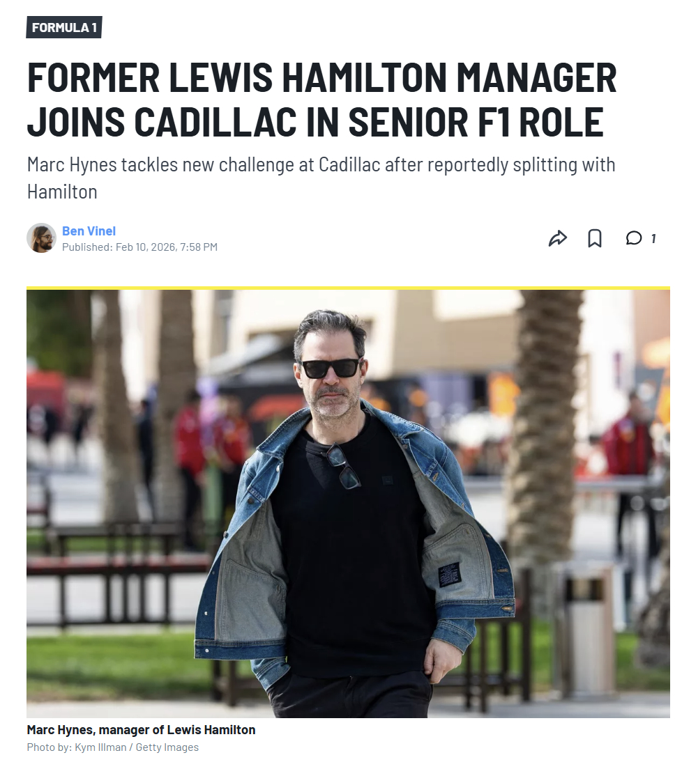 马克·海因斯不再担任刘易斯·汉密尔顿的经纪人之后，加入凯迪拉克F1车队担任首席赛