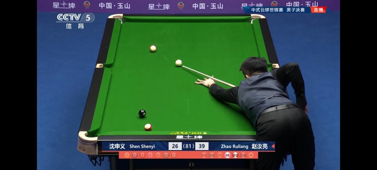 偶然看到中式台球世锦赛的直播，男子决赛由中国选手赵汝亮对阵另一位中国选手沈申义。