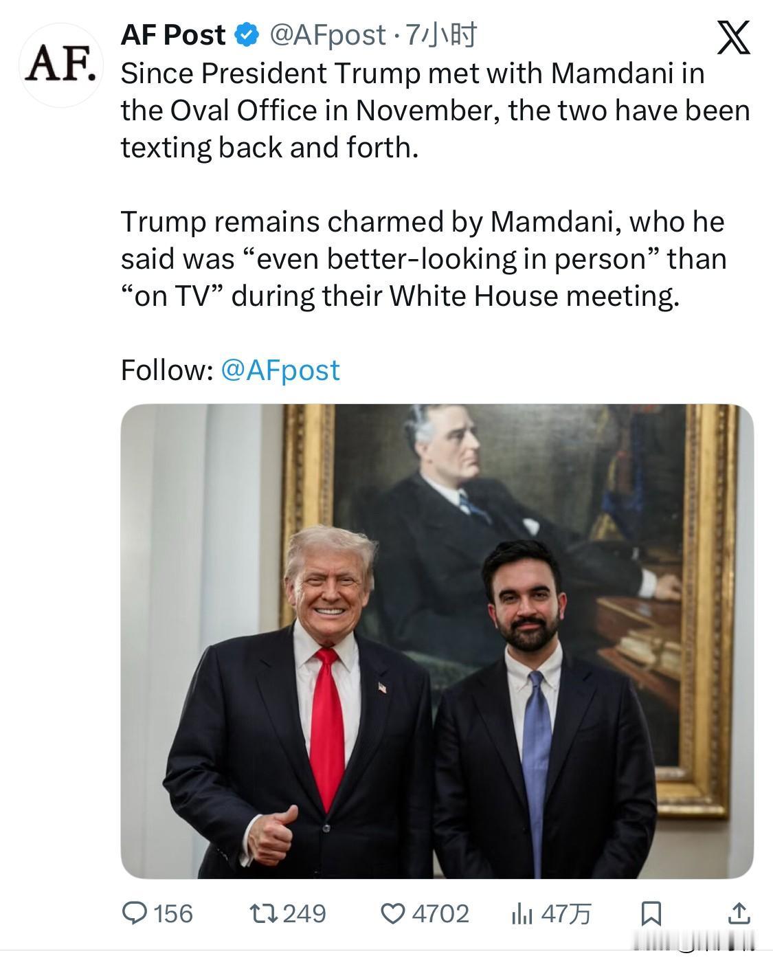 自特朗普总统去年 11 月在椭圆形办公室会见纽约市长o马姆达尼以来，两人一直互发