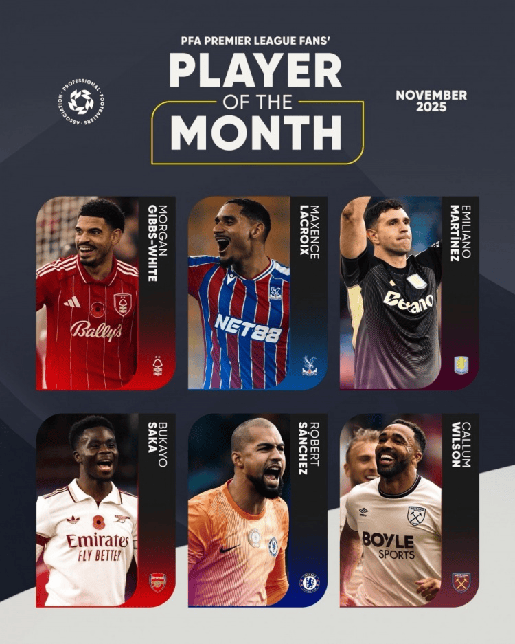 PFA英超11月最佳球员候选：萨卡、大马丁、桑切斯在列